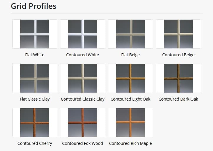 Grid profile color options including White, Beige, Classic Clay, Oak, Cherry, and more
