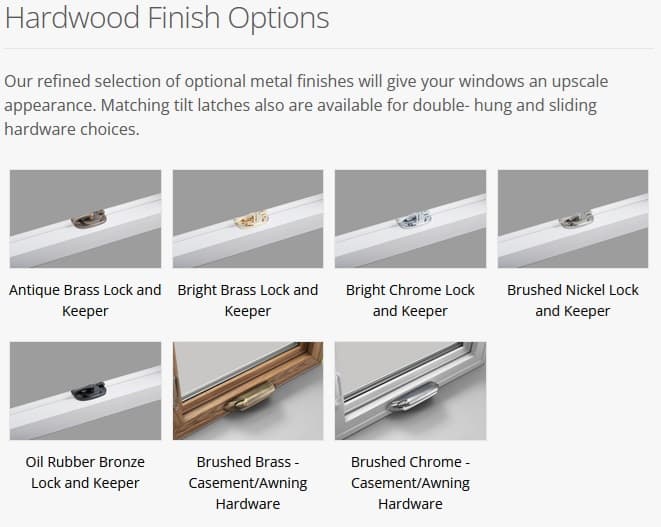 Window hardware finish options including Antique Brass, Bright Brass, Bright Chrome, Brushed Nickel, Oil Rubber Bronze, Brushed Brass, and Brushed Chrome