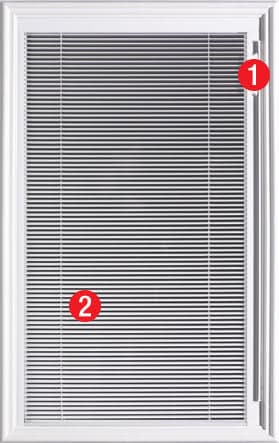 Door with built-in mini blinds sealed between glass panes for dust-free light control